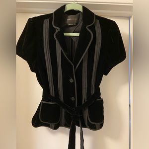 BCBG Cotton velvet, rayon/silk lining 2 button short sleeve top with waist tie